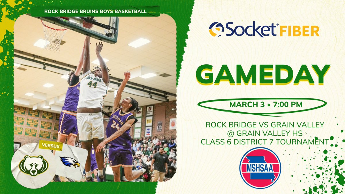 Rock Bridge Boys Basketball takes on Grain Valley tonight in the opening round of the Class 6 District 7 tournament!  Go Bruins!