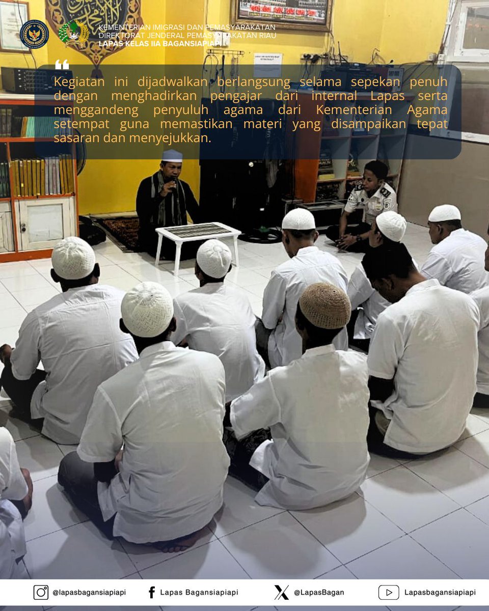 LapasBagan's tweet photo. WUJUDKAN WBP BERAKHLAK, LAPAS KELAS IIA BAGANSIAPIAPI GELAR PESANTREN KILAT

BAGANSIAPIAPI – Lapas Bagansiapiapi resmi membuka kegiatan Pesantren Kilat bagi WBP. Kegiatan yang dipusatkan di Masjid At-Taubah ini bertujuan untuk mempertebal iman serta memberikan bekal spiritual https://t.co/qdTkcKmEIK