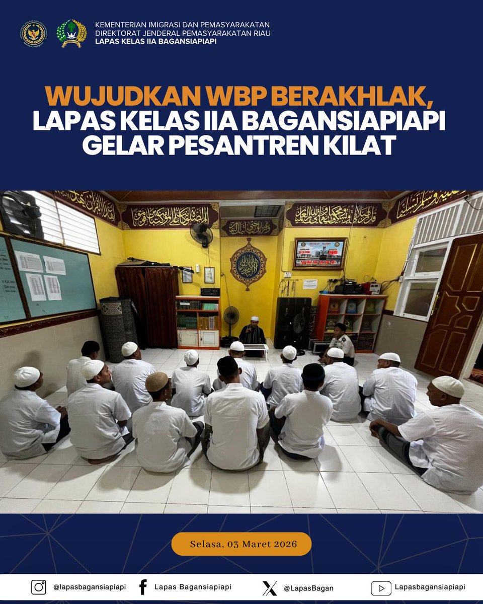 LapasBagan's tweet photo. WUJUDKAN WBP BERAKHLAK, LAPAS KELAS IIA BAGANSIAPIAPI GELAR PESANTREN KILAT

BAGANSIAPIAPI – Lapas Bagansiapiapi resmi membuka kegiatan Pesantren Kilat bagi WBP. Kegiatan yang dipusatkan di Masjid At-Taubah ini bertujuan untuk mempertebal iman serta memberikan bekal spiritual https://t.co/qdTkcKmEIK