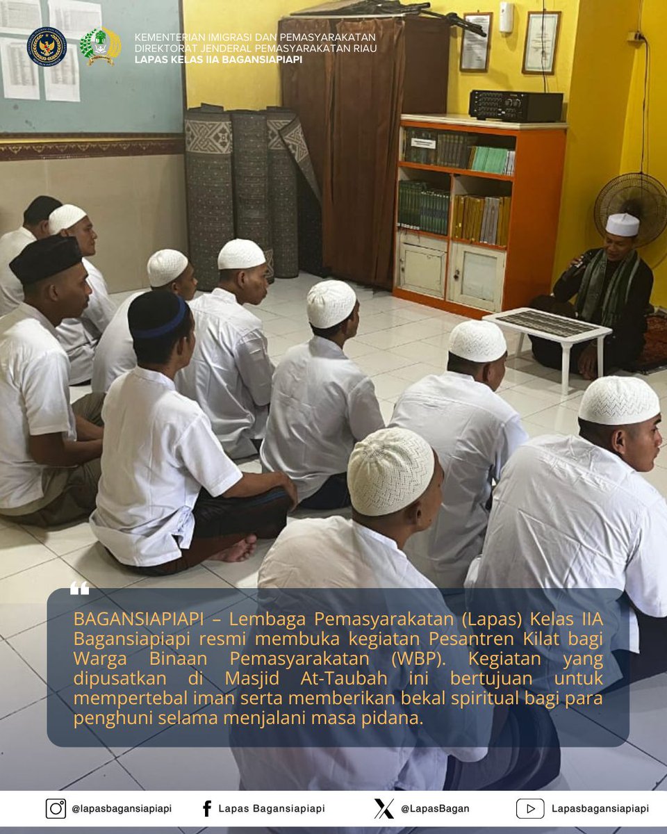 LapasBagan's tweet photo. WUJUDKAN WBP BERAKHLAK, LAPAS KELAS IIA BAGANSIAPIAPI GELAR PESANTREN KILAT

BAGANSIAPIAPI – Lapas Bagansiapiapi resmi membuka kegiatan Pesantren Kilat bagi WBP. Kegiatan yang dipusatkan di Masjid At-Taubah ini bertujuan untuk mempertebal iman serta memberikan bekal spiritual https://t.co/qdTkcKmEIK