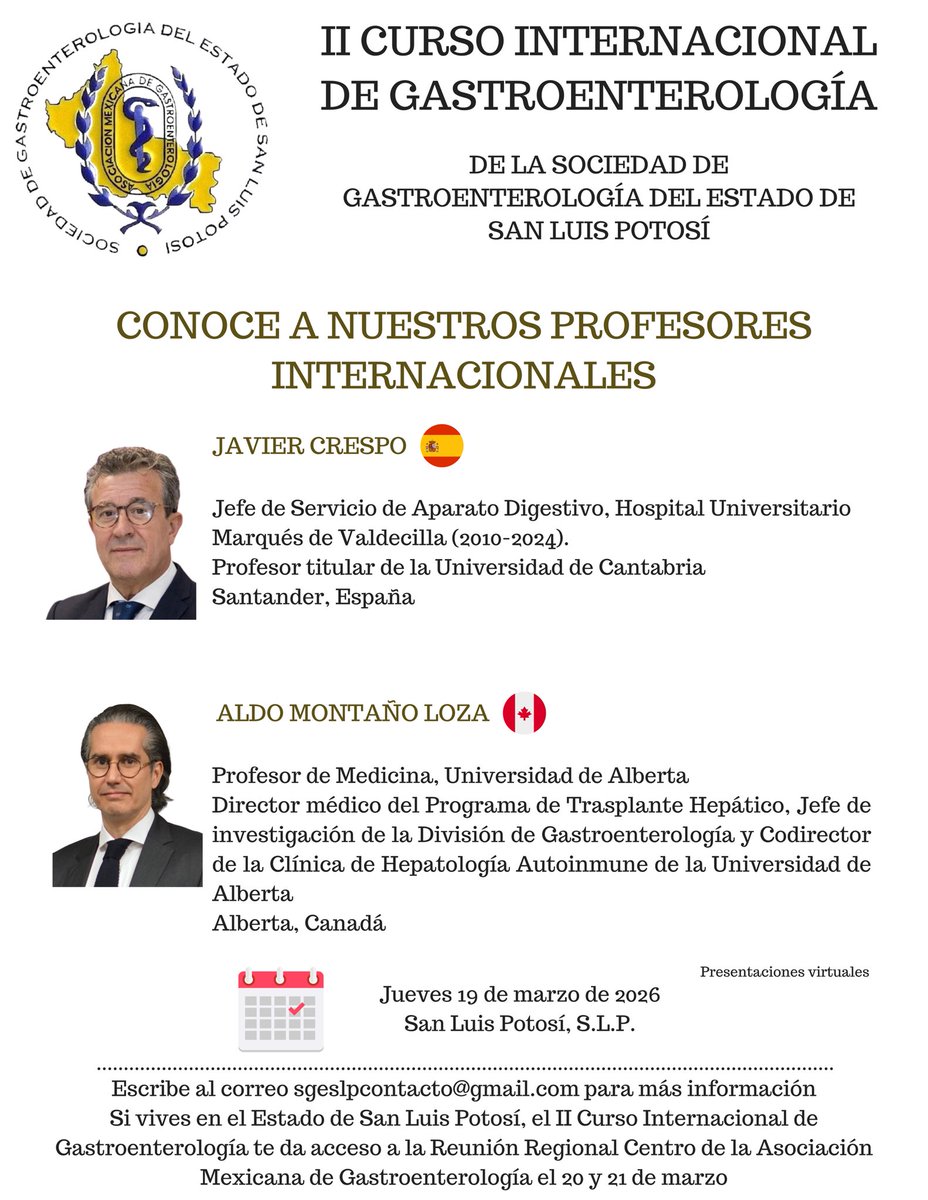 🌍✨ Profesores Internacionales | II Curso Internacional SGESLP 2026 ✨🌍

🎓 Dos líderes académicos compartiendo visión global, experiencia clínica y actualización basada en evidencia.

🗓️ 19 de marzo de 2026
📍 San Luis Potosí