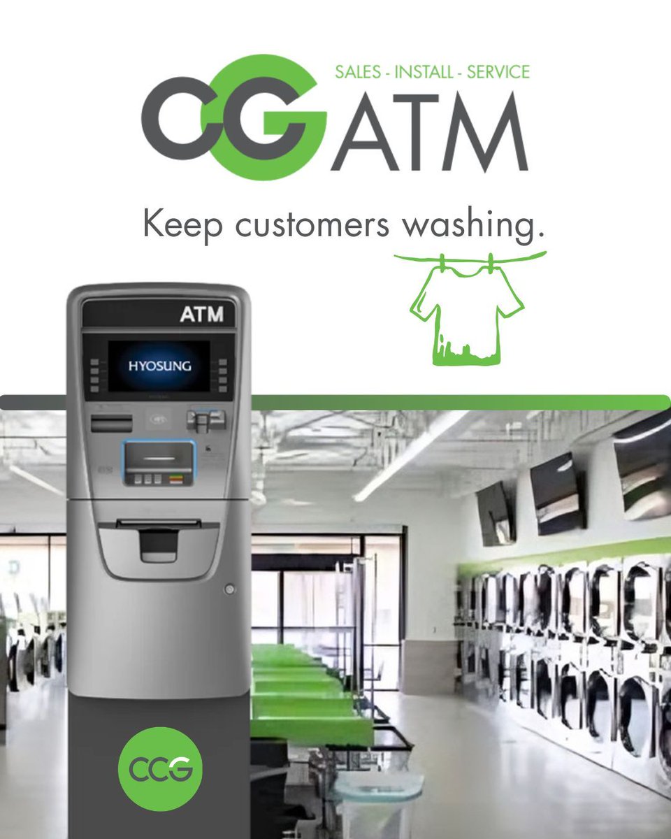 CommonwealthCG's tweet photo. Laundry is the chore - getting cash shouldn’t be.  When machines need coins, customers will need cash. A reliable CCG ATM on-site keeps customers washing, not walking. #CCGatm #CoinOpLaundromat #CashBusiness https://t.co/ricZVwY35q