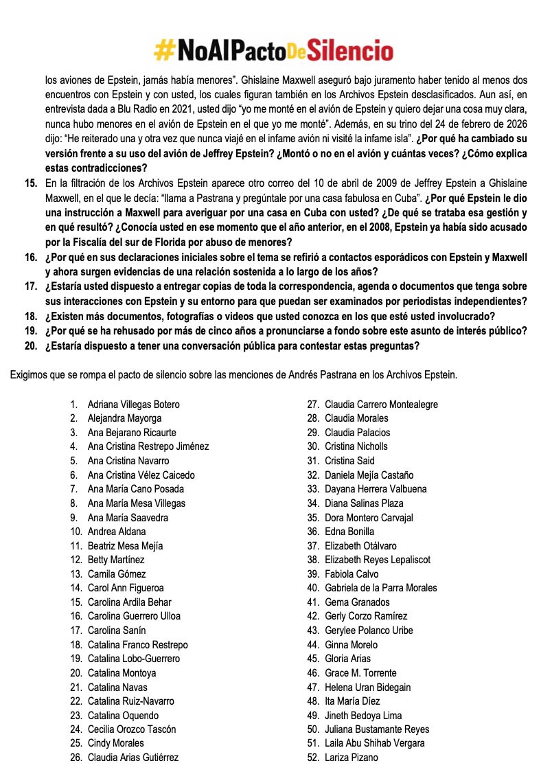 Adrivillegas's tweet photo. Ya somos 124 las columnistas, escritoras y periodistas que le planteamos 20 preguntas al expresidente Andrés Pastrana sobre el caso Epstein.  
#NoAlPactoDeSilencio
#RespondaPastrana
https://t.co/Xiji8NgAzb https://t.co/1Ff9ZR5oeE