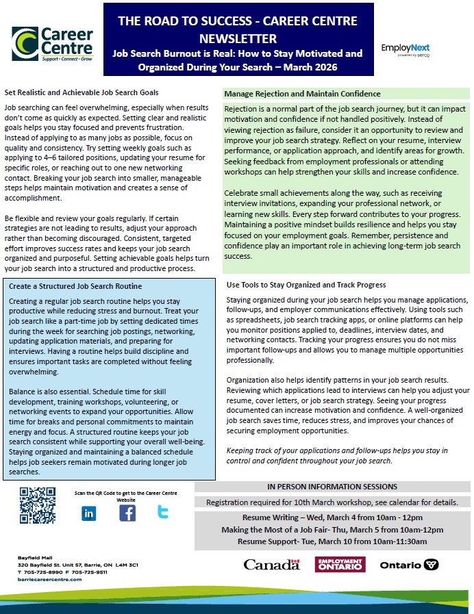 Spring is around the corner! Here is our March calendar, and newsletter. If you are interested in assistance with you job search don't hesitate to reach out to set an appointment to connect with a Job Coach.
