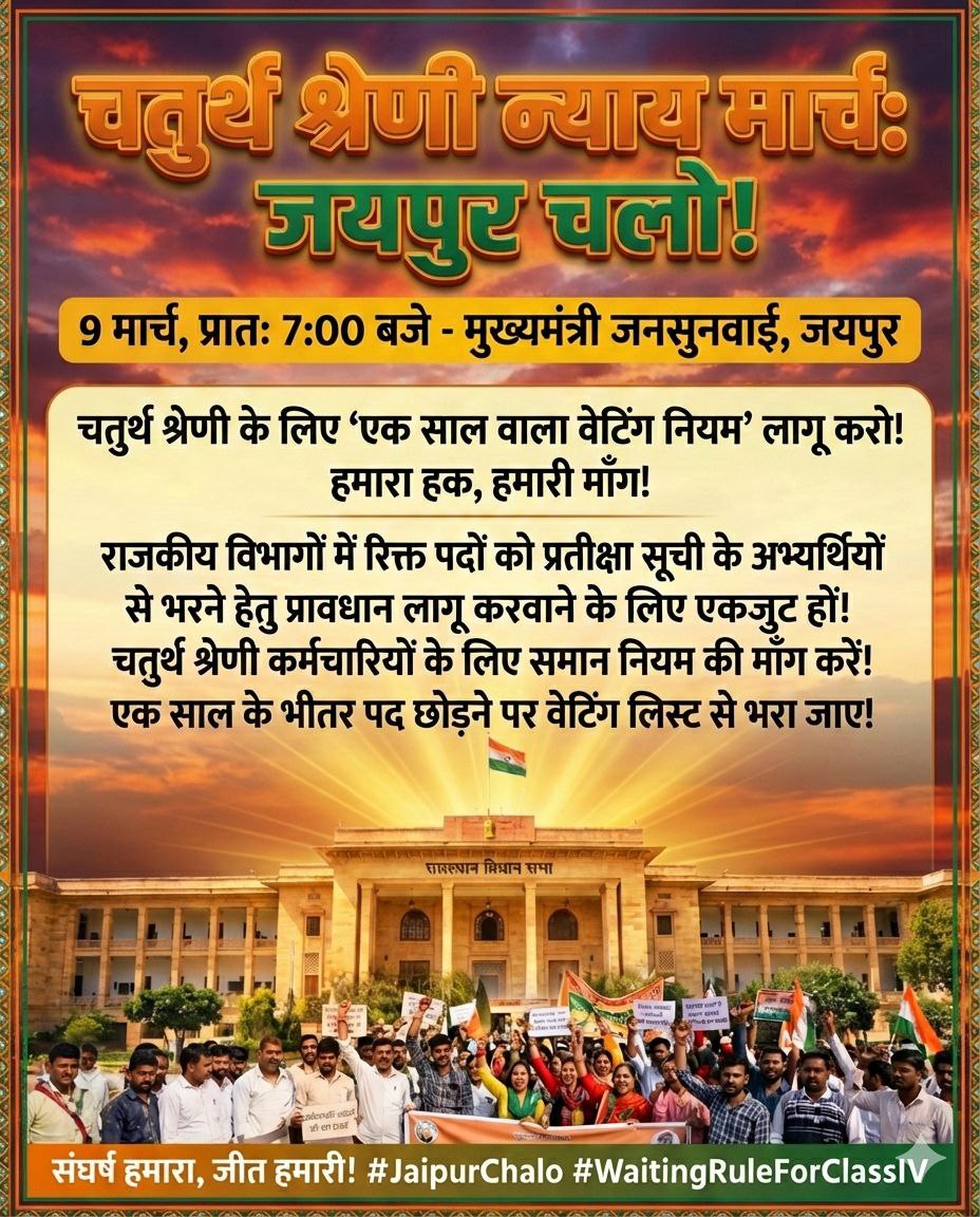 ViralNews0208's tweet photo. 9 मार्च जयपुर कुच 

1 ईयर वेटिंग नियम चतुर्थ श्रेणी भर्ती से लागू हो इसके लिए सभी साथी सहयोग करे ओर jipur आए 

 #चतुर्थ_श्रेणी_कर्मचारी_भर्ती 
@BhajanlalBjp https://t.co/Pu2hrraCPw