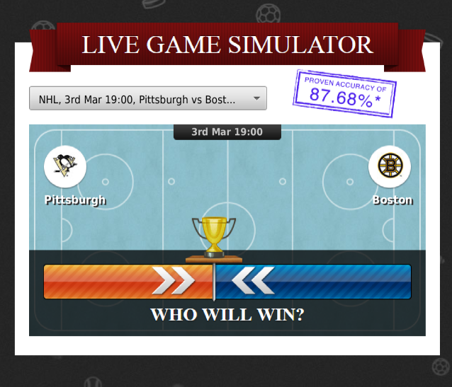 ZcodeAI's tweet photo. Who will win? Pick your side!
3rd Mar 19:00 EST
Pittsburgh at Boston (NHL) #simulator #nhl #hockey #nhlbetting #nhltips #nhlpicks #zcodesystem #bettingsports #bettingsystems #bettingexpert #sportsbetting #freebettingtips https://t.co/OxyPrlHjrN