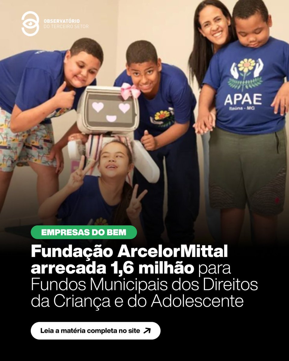 O programa Cidadãos do Amanhã, da Fundação ArcelorMittal, arrecadou R$ 1,6 milhão em 2025 com a mobilização de 2,8 mil pessoas físicas.

📷Em 2026, A iniciativa visa apoiar 32 Fundos da Criança e do Adolescente em nove estados do país.

📷Acesse o site do Observatório!