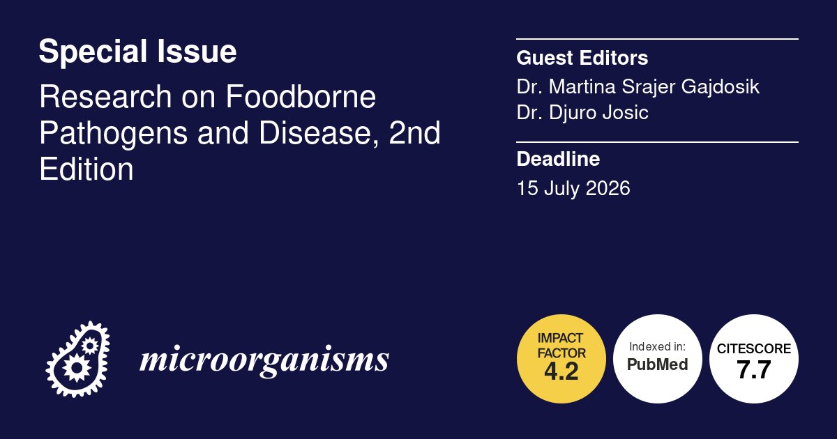 Micro_MDPI's tweet image. 🦠New Special Issue: Research on Foodborne Pathogens and Disease, 2nd Edition

👔Guest Editors: Dr. Martina Srajer Gajdosik and Dr. Djuro Josic

🗓️Submission Deadline: 15 July 2026

🔗More: mdpi.com/journal/microo…

#foodborne #pathogen #toxin #biofilm