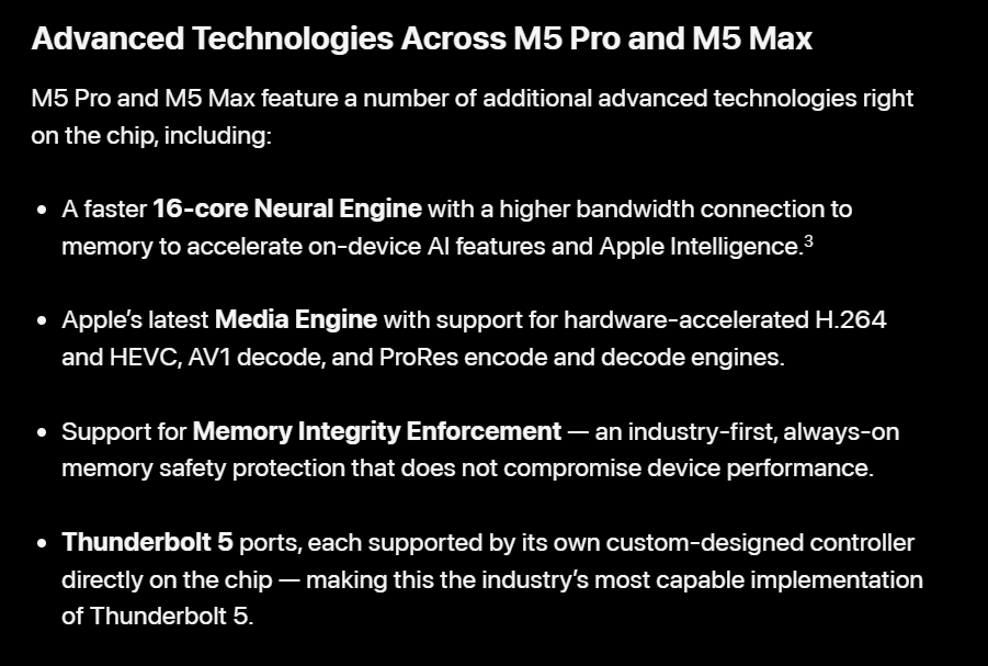 kimmonismus's tweet photo. Apple has introduced the M5 Pro and M5 Max, built on a new Fusion Architecture that merges two 3nm dies into a single SoC.

Unlocking up to 30% faster CPU performance and over 4x peak GPU compute for AI versus the previous generation. 
With an 18-core CPU (6 “super cores”), up to a 40-core GPU featuring Neural Accelerators, and unified memory bandwidth reaching 614GB/s.