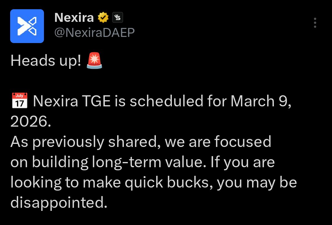 GACryptoO's tweet photo. 🚨 Nexira TGE Update

📅 TGE Scheduled: March 9, 2026

@NexiraDAEP is building for the long term, focused on sustainable growth.

🔛 Builder Program (Top DAEP Scorers)
🛠 Exclusive Discord role
🎮 Early access to new games
💡 Ability to propose campaign ideas
💱 Preferential exchange rates

👉Go-To Here: https://t.co/Qx4yHR9KR6
🔹Claim Rewards
✔️Done

🎁 Commemoration bonuses coming soon.

Stay tuned for more updates 🚀

💙Like 🔄 RT