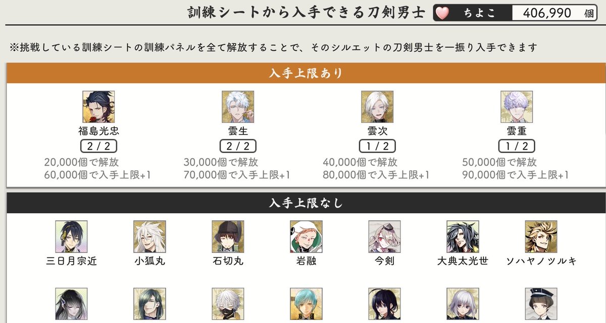 sunsetasan's tweet photo. ちよこ大作戦の成果
ちよこ40万6,990個
シート293枚
12:58に雲次さん来た！
ハイライトは南海先生と松井江が4振来たところ
ありがとう https://t.co/ziuuVwFeNF