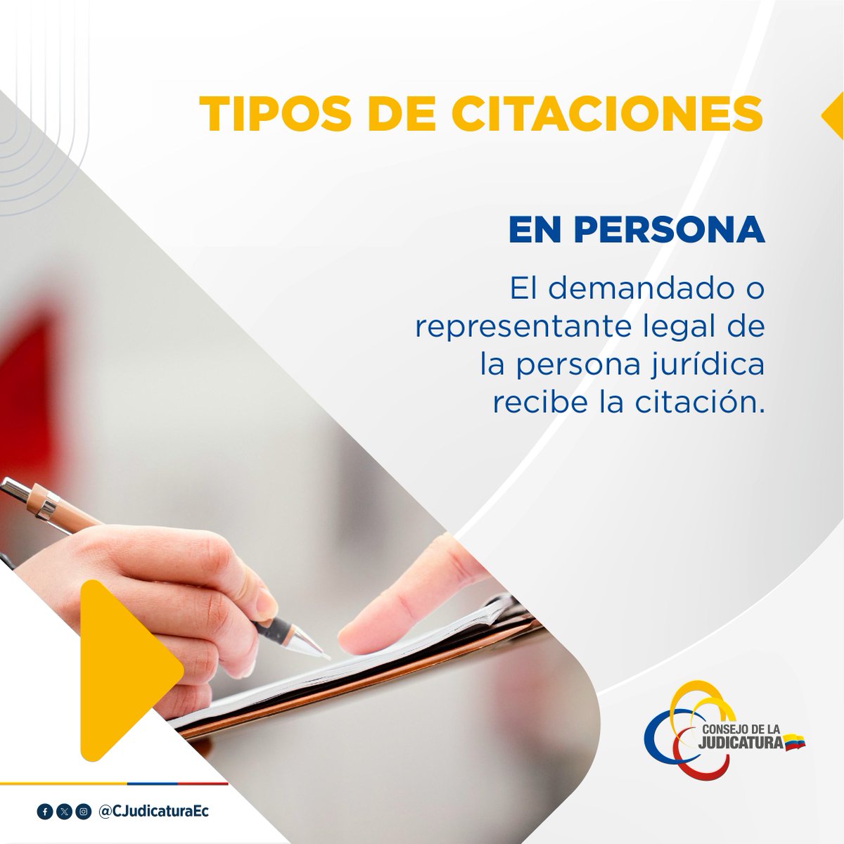 📰¿Sabías que la citación en persona es fundamental en los procesos judiciales?  Este acto garantiza que las partes conozcan oficialmente una causa y puedan ejercer su defensa. Conoce quién la realiza y cómo se lleva a cabo. 👇 

#CitacionesCJ