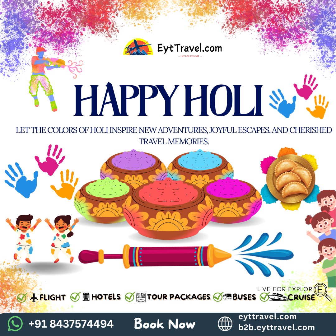 EytTravel's tweet photo. Happy Holi
Let the colors of Holi paint your next adventure! ✈️✨
Celebrate, explore, and travel the world with EytTravel.

#HappyHoli #EytTravel #Holi2026 #FestivalOfColors #TravelMore #ExploreMore https://t.co/c0AHEZRgJw