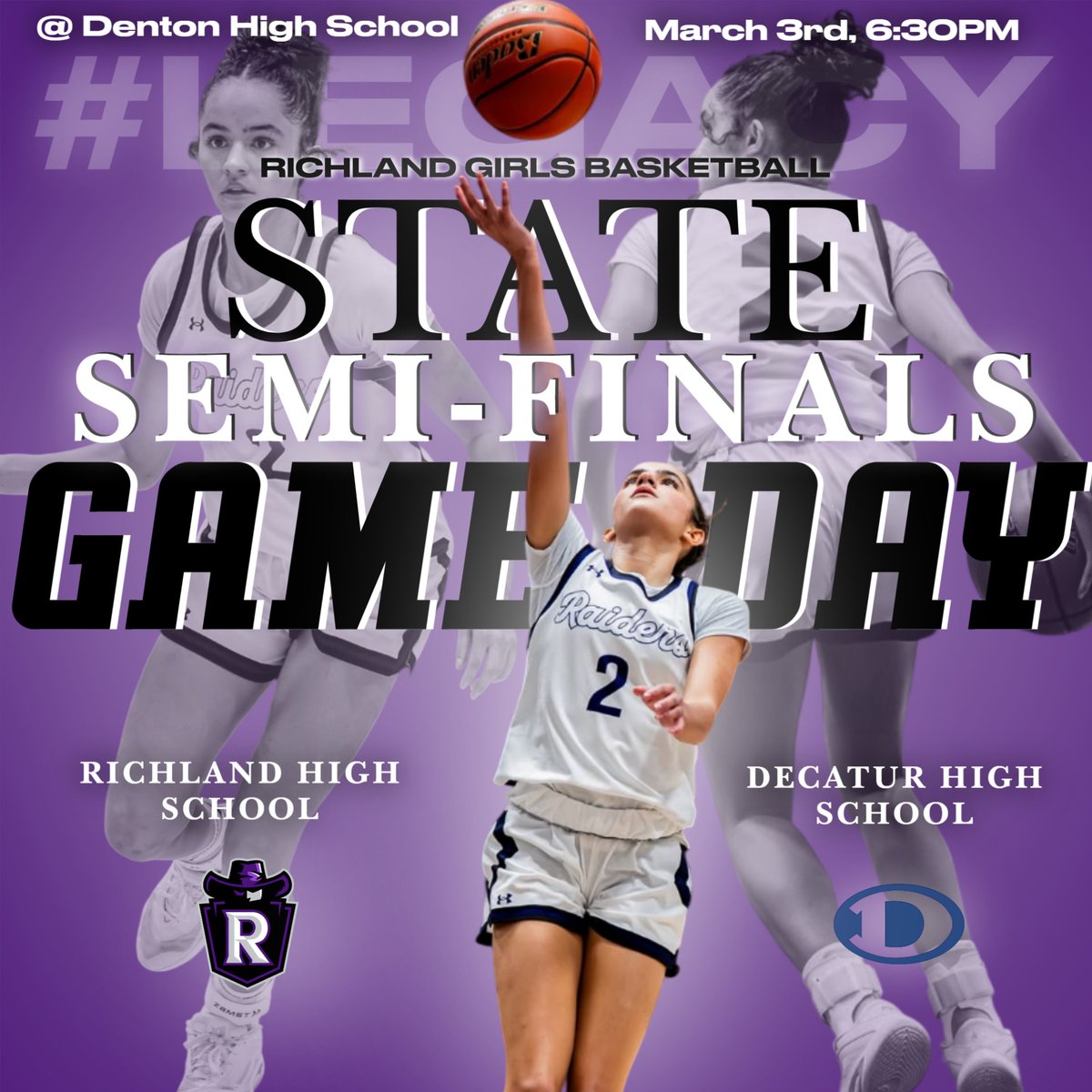 Raiders_GBB's tweet photo. ‼PLAYOFF GAME DAY ALERT‼
The Richland Raiders are facing off against the Decatur Lady Eagles at Denton HS tonight at 6:30PM🏀 Time to Purple out the gym again &amp; make some noise as we play for the chance at a state trip! #Legacy #WeAreRichland @RHSProsper @TXHSGBB @Tabchoops https://t.co/xGmn0N77DX
