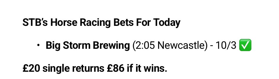 10/3 winner on the racing today ✅

Needed almost every yard of the trip and will have no problem winning again if stepped up in trip slightly, or if getting a stronger pace to aim at.