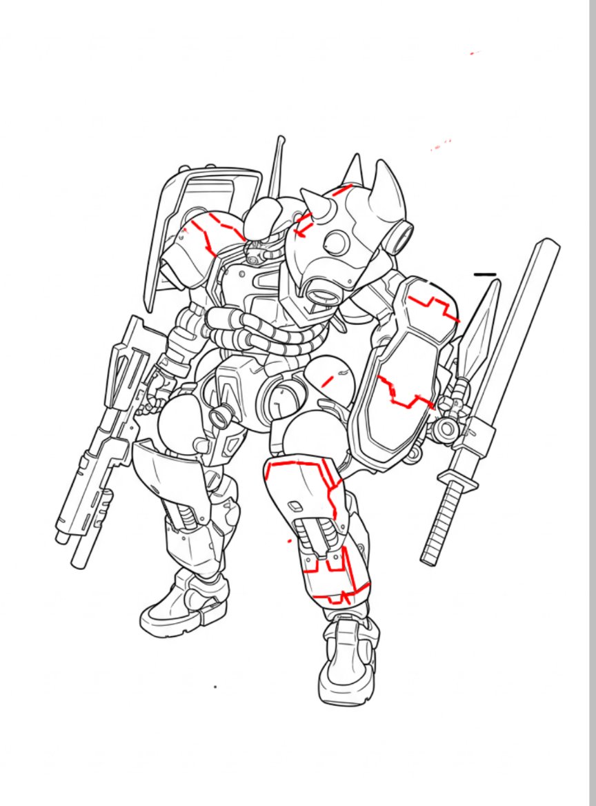 nLXxeCPK0l5610's tweet image. Geminiで線画にしてもらってスジ彫りのラインを大まかに考えています☺️
いちいち仮組みしなくていいのでこういうのは便利ですね✨️
#ガンプラ #gunpla #Gemini