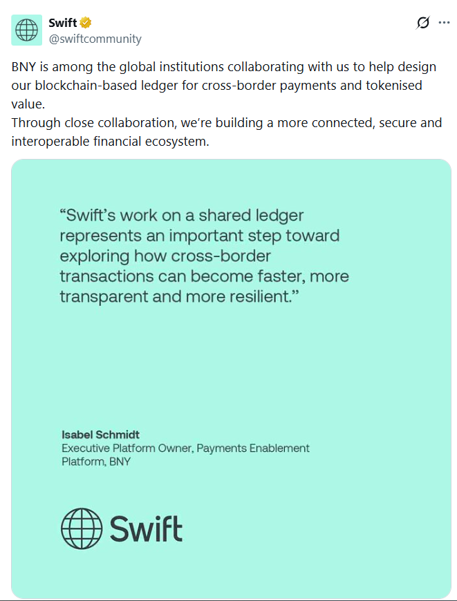 thecryptobasic's tweet photo. SWIFT partners with BNY Mellon to develop a blockchain-based ledger aimed at enhancing cross-border payments and managing tokenized assets. https://t.co/jJd0Jrg82Q