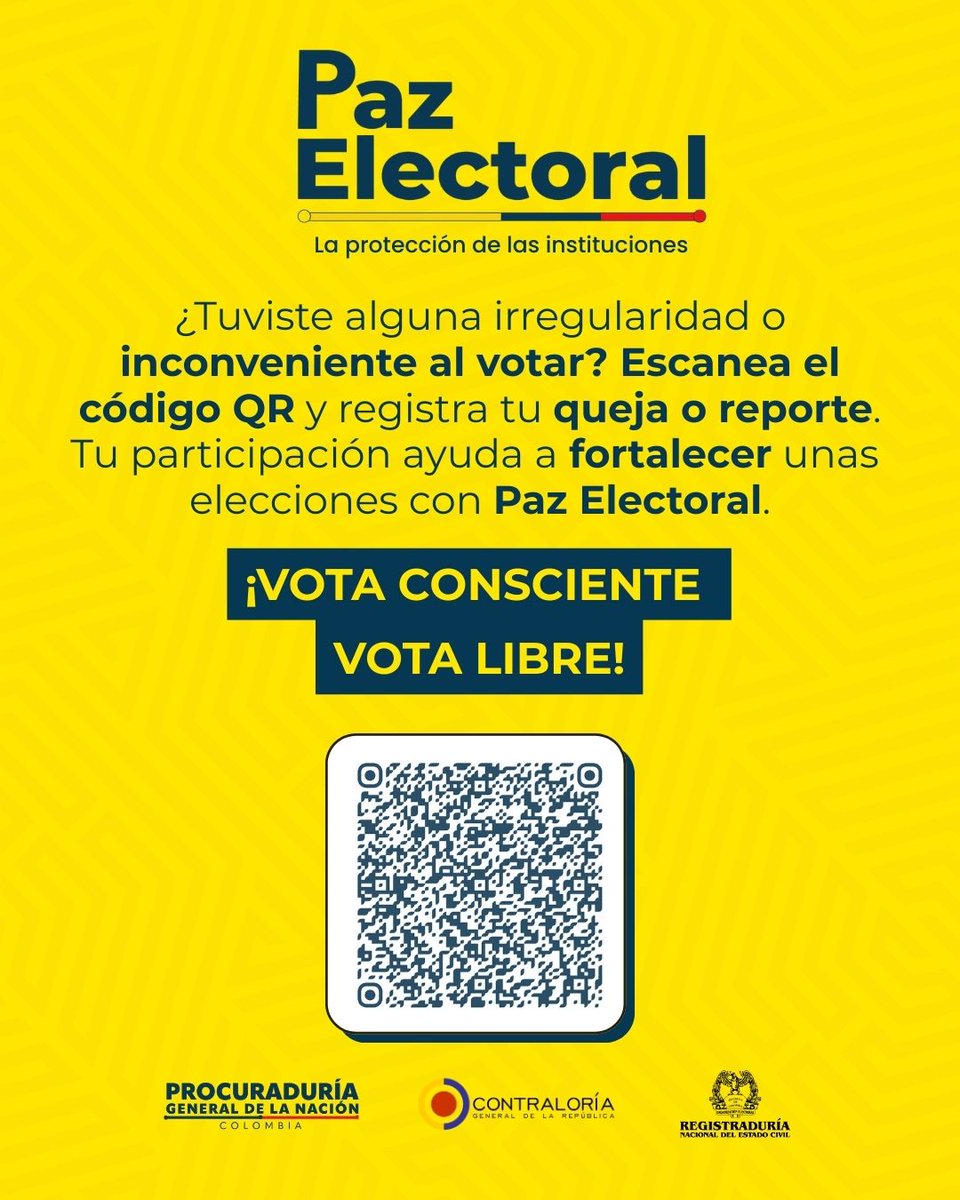 CancilleriaCol's tweet photo. ¿Tuviste alguna irregularidad al votar?

La #PazElectoral también se construye denunciando.
Reporta cualquier inconveniente y ayuda a garantizar elecciones libres y transparentes. Tu voz fortalece la democracia.

Escanea el QR o dirígete a la historia destacada en el Instagram de @PGN_COL y actúa.
