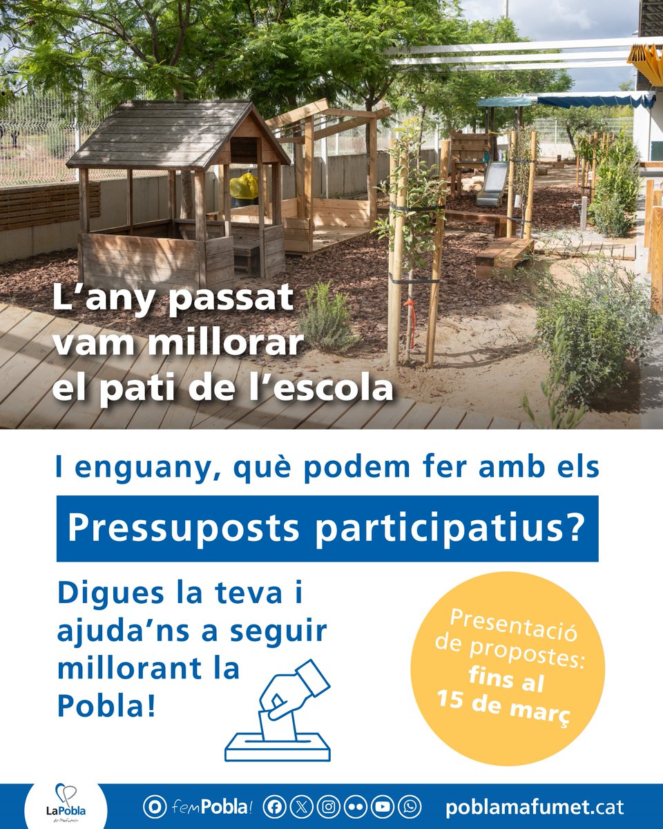AjuntamentPobla's tweet photo. Encara no has dit la teva?
🗓️ Presenta les teves propostes fins al 15 de març. És molt fàcil!
➡️ Participa-hi: https://t.co/hsEXP0JEs2
ℹ️ Més info: https://t.co/pnY35mXHbI https://t.co/fFsBVViU0y