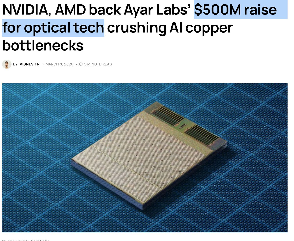 As I noted in earlier research, copper is hitting a wall.

This Ayar Labs raise just confirms it..

When both $NVDA and $AMD back an optical interconnect company with $500M, they’re admitting the electrical link between chips is now the bottleneck. 

Power per bit matters more