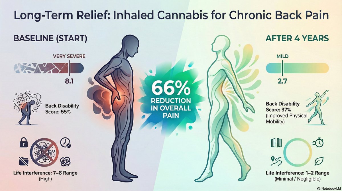 marclanders's tweet photo. This 4-yr study says inhaled cannabis slashed back pain 66%!

Pain and disability improved a lot and stayed better over the 4 years:  Average pain score dropped from ~8.1 (very severe) to ~2.7 (mild).

Back disability score dropped from ~55% (moderate-severe limitation) to ~37%.

Other pain measures (severity and life interference) also fell dramatically (from high 7–8 range down to very low 1–2 range).

Image by Notebook LM

Link in the comments 👇