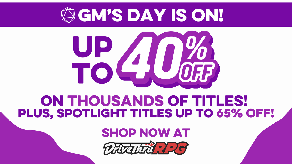 DriveThruRPG's tweet photo. The GM’s Day Sale is on now! More then 54k digital titles are on sale as we celebrate GM’s Day!
Shop deals here: https://t.co/1wCCR8V2Iu
Plus, even more deals over at @roll20app @DemiplaneRPG @dms_guild @DriveThruComics @DriveThruFic @PF_Infinite and more!
#ttrpg #dnd5e #gmsday https://t.co/6GJngqQAh5