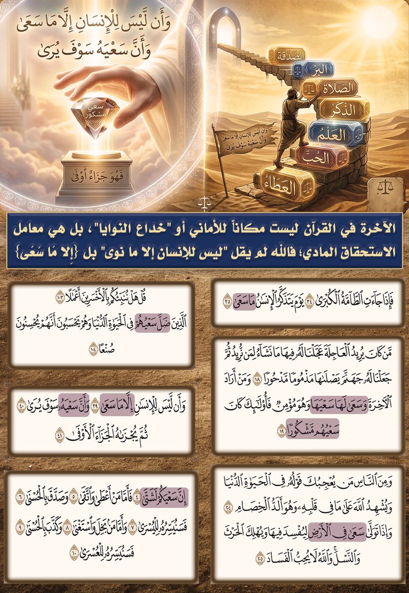 الآخرة في القرآن ليست مكاناً للأماني أو "خداع النوايا"، بل هي معامل الاستحقاق المادي؛ فالله لم يقل "ليس للإنسان إلا ما نوى" بل {إِلا مَا سَعَى}