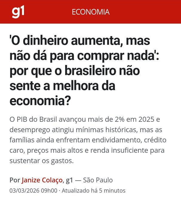 O g1 pergunta por que o brasileiro não sente a melhora da economia.

Talvez porque número de planilha não enche carrinho de supermercado.

O IBGE divulga crescimento, o governo Lula comemora, mas a inflação real é a do mercado, da padaria, do combustível. 😉🐍