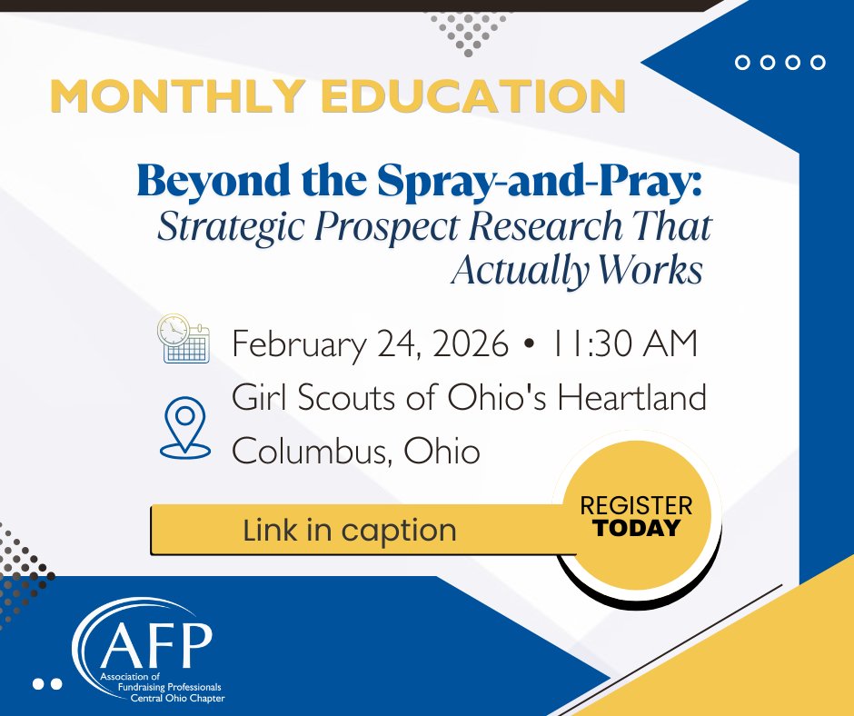 ✨Join us for this month's Education Event to hear directly from women philanthropists—and learn how nonprofits can stand out.
📅 Feb 24, 2026 | 11:30 – 1:15
🎙️ Cramer &amp; Associates
🎟️ $20 members | $35 guests
Register 👉 ow.ly/s8oK50Yoo8R
#NonprofitEducation #CentralOhioAFP
