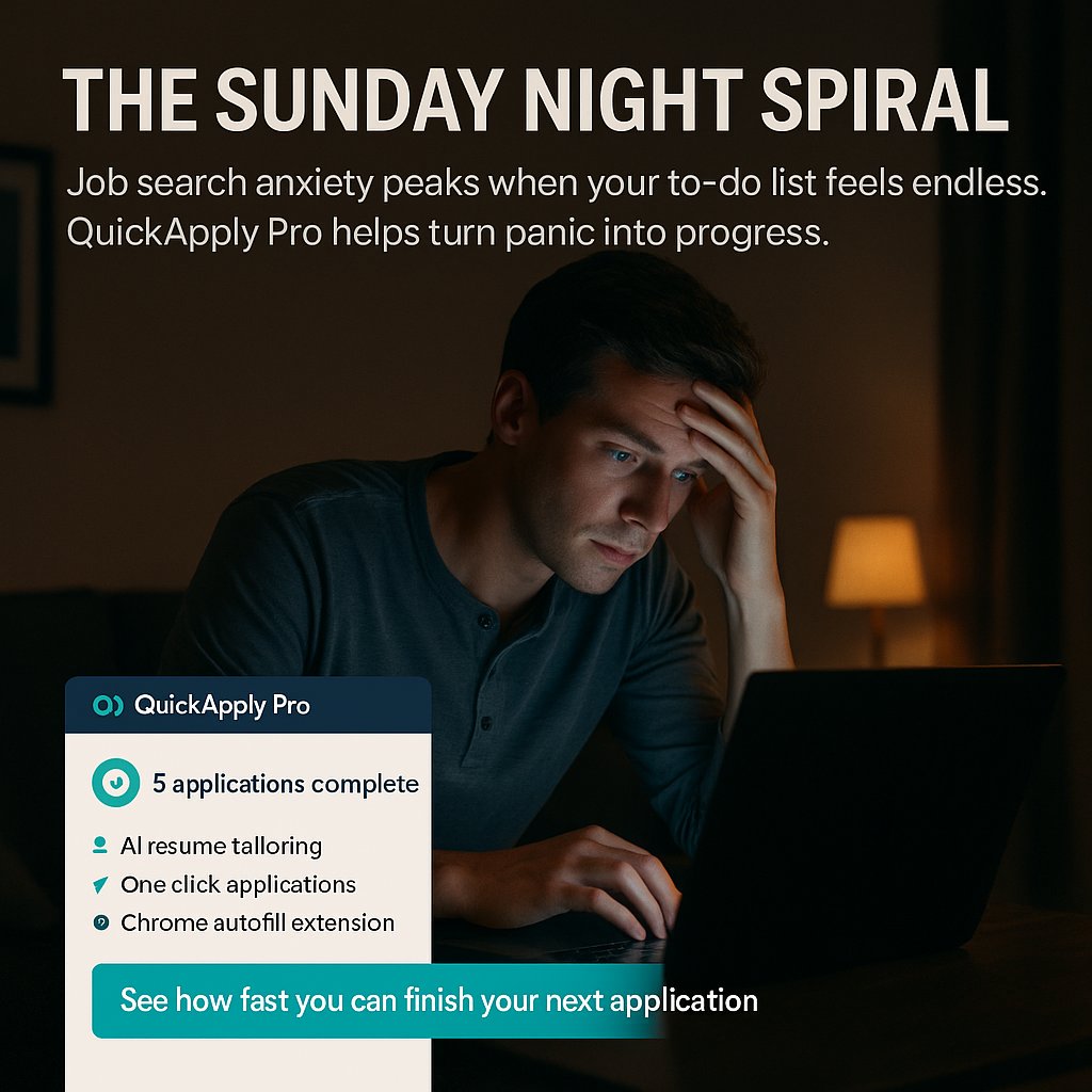 quickapplypro's tweet image. That Sunday night panic at 11:47 PM when ‘apply later’ hits hard. QuickApply Pro won’t cure anxiety, but it stops the spiral,tailors resumes, autofills forms, and turns chaos into progress. Progress beats panic. #QuickApplyPro #JobSearch