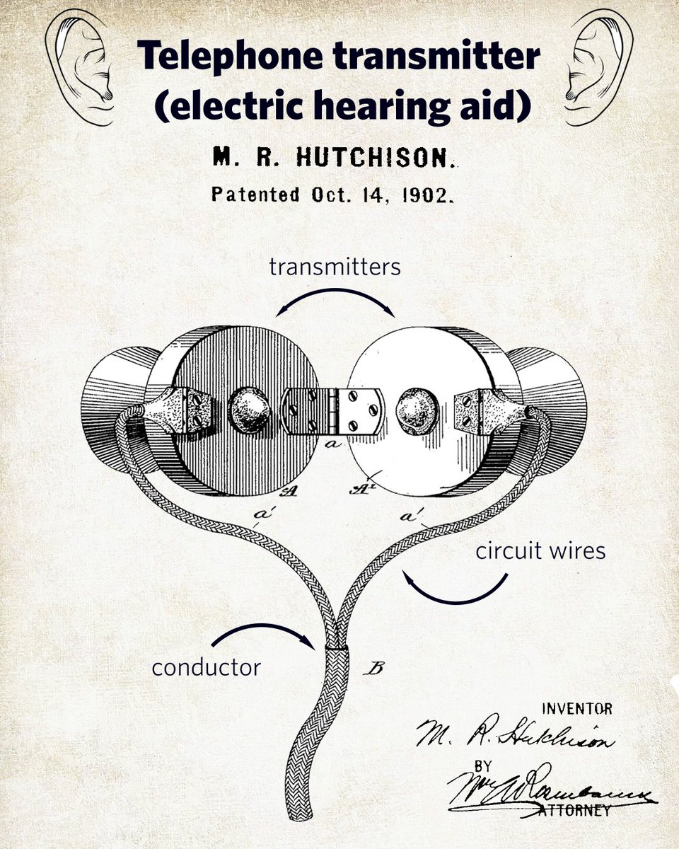 uspto's tweet photo. Can you hear that? 👂 That’s the sound of innovation improving lives. This #WorldHearingDay, we are turning up the volume on U.S. Patent No. 710,979 from Miller Reese Hutchison for a “telephone transmitter,” an early step towards modern hearing aids. https://t.co/MuBuOP11Ms