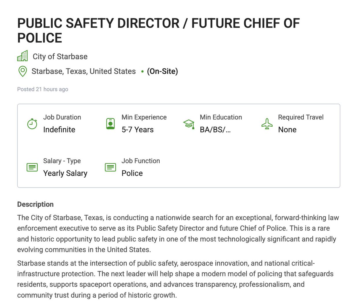 The city of Starbase is hiring a "Public Safety Director / Future Chief of Police" #rgv