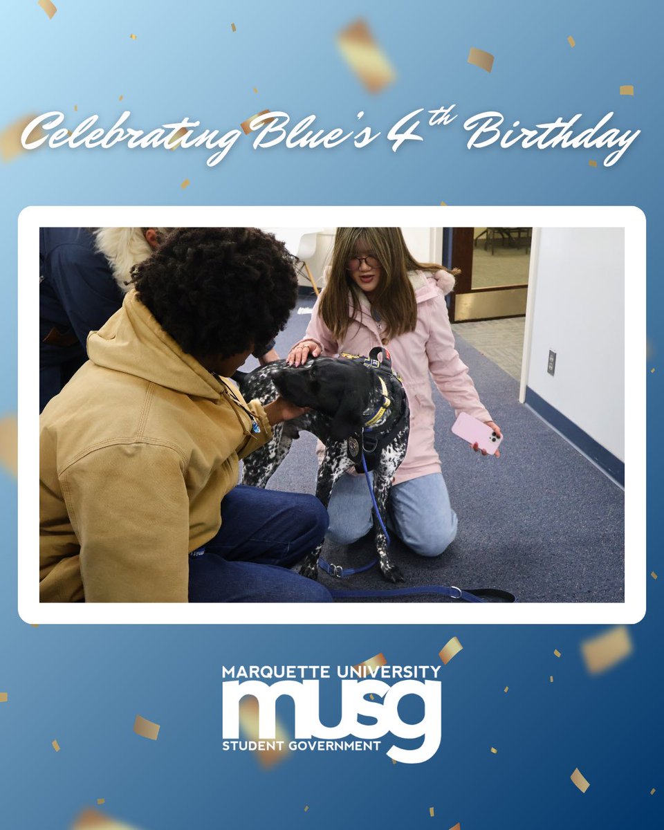 MUStudentGov's tweet photo. Happy 4th birthday to our favorite dog on campus, Blue! We've loved having Blue and MUPD officers at a few of our events this semester, including the NMD Carnival! Be sure to keep an eye out for the next time he's with us! https://t.co/BOVxIkRsWi