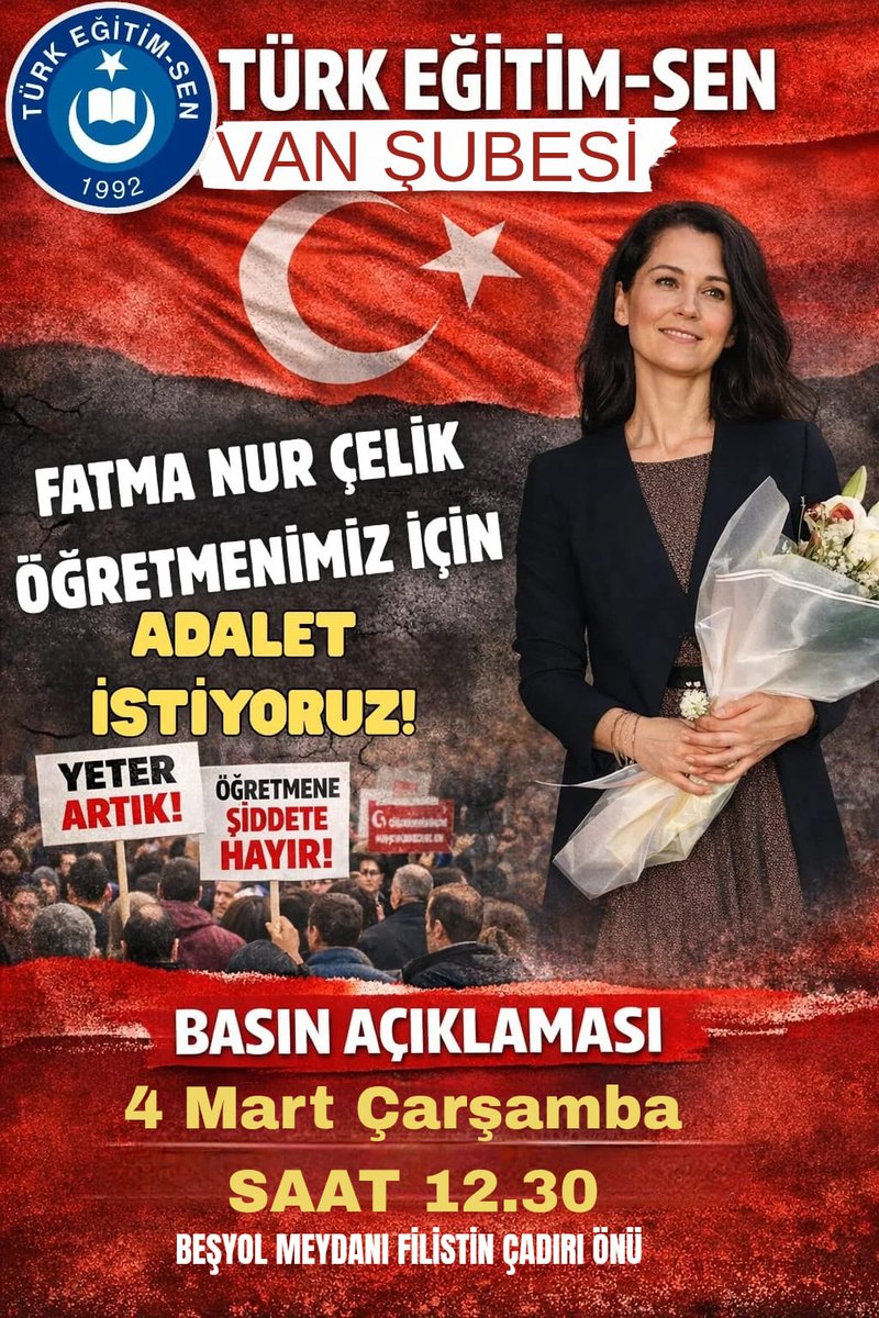 ÖĞRETMEN SAHİPSİZ DEĞİLDİR!
Eğitim çalışanlarına yönelik şiddete tepki göstermek, okullarımızdaki güvenlik tedbirlerinin artırılmasını talep etmek ve İstanbuldaki menfur saldırıda hayatını kaybeden öğretmenimiz Fatma Nur Çelik için Adalet istiyoruz. 
Türk Eğitim-Sen Van Şubesi