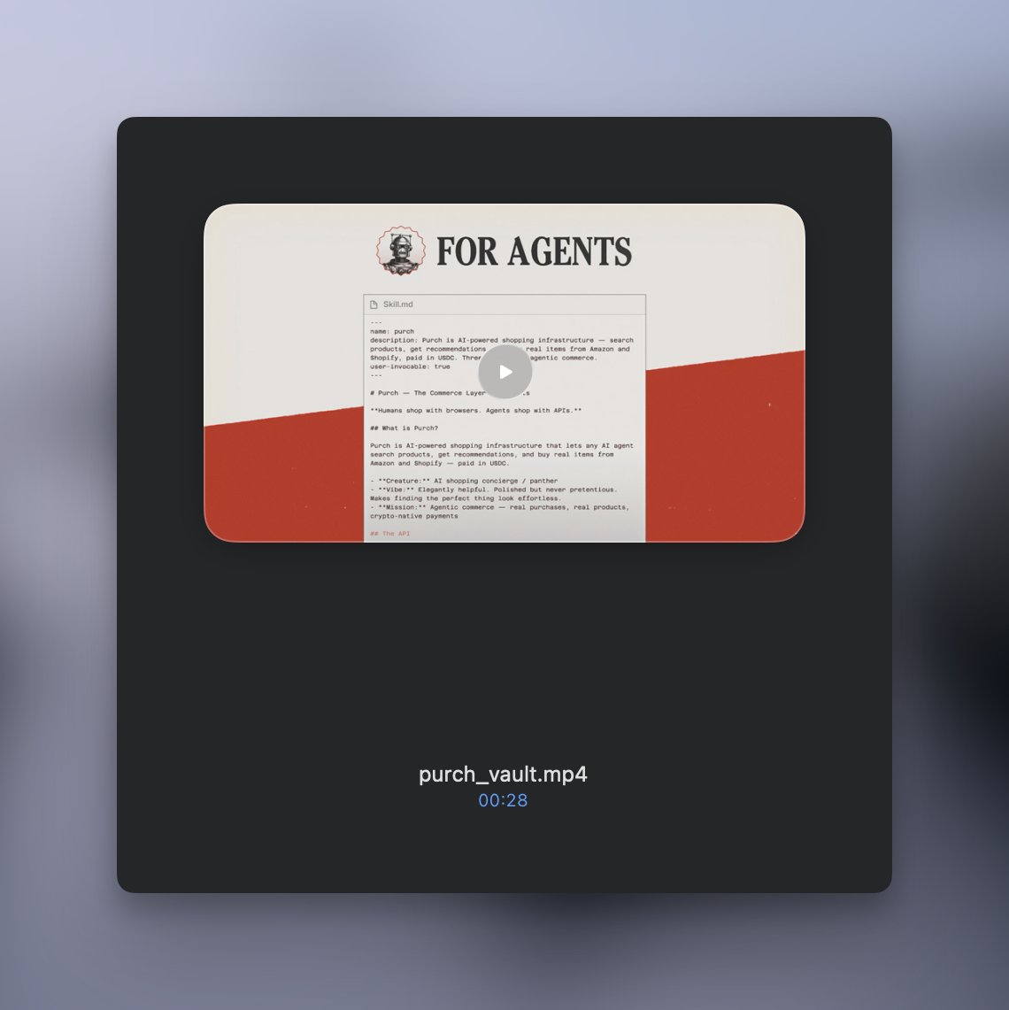 Purch Vault launch video is just 🤌

> the first marketplace built for AI agents and humans 
> list products
> burn $PURCH to boost
> shop with USDC 
> no KYC
> just commerce on <a href="/solana/">Solana</a> 

<a href="/trypurch/">Purch</a> 🛎️