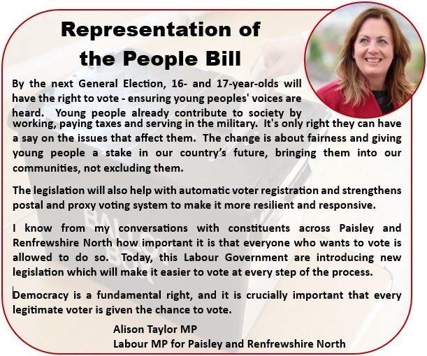 I was pleased to support this ⁦<a href="/LabourParty/">Labour Party</a>⁩ Government who are bringing forward this bill allowing 16 and 17 year olds in my constituency the opportunity to vote in the next General Election as well as local elections in Scotland as at present.