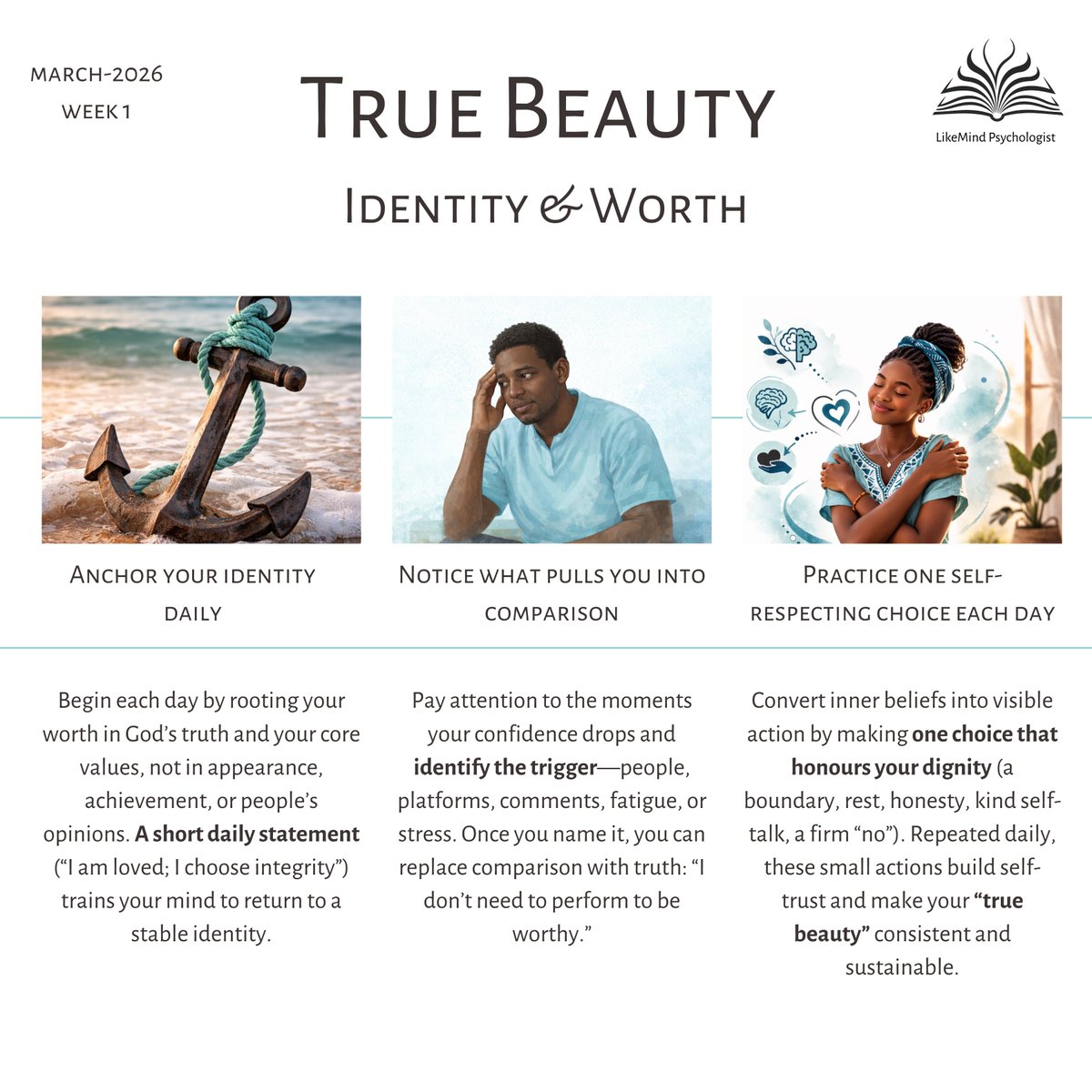 LMPsychologist's tweet photo. We begin our #TrueBeautyJourney with Identity &amp; Worth ✨
This week is broken down into three simple steps:
✅ Anchoring 
✅ Noticing comparisons 
✅ One self-respecting action each day 

#FaithAndMentalHealth https://t.co/92JCgz2woi