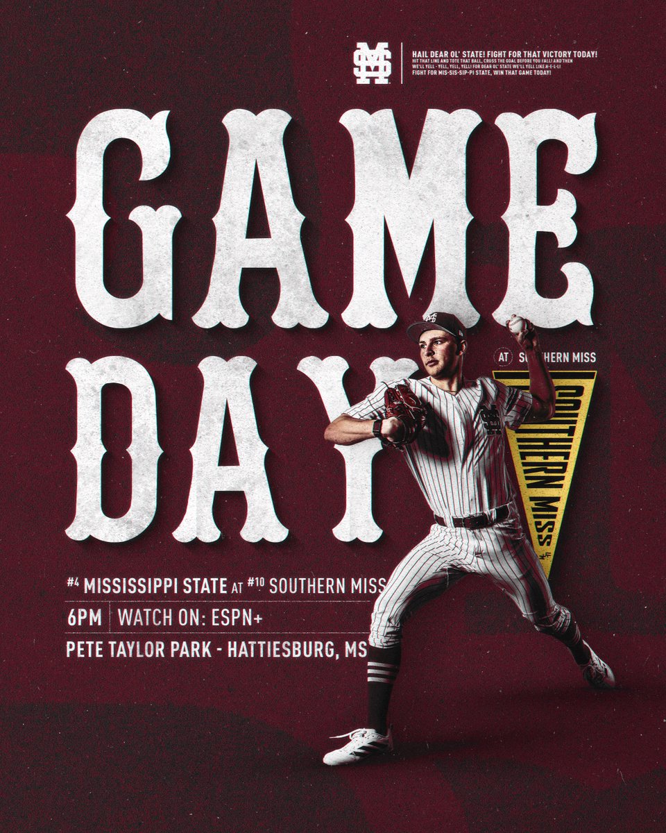 HailStateBB's tweet photo. 𝗧𝗢𝗣-𝗧𝗘𝗡 𝗧𝗜𝗟𝗧 𝗜𝗡 𝗛𝗔𝗧𝗧𝗜𝗘𝗦𝗕𝗨𝗥𝗚

🆚:  No. 10 Southern Miss
🏟️:  Pete Taylor Park
📍:  Hattiesburg, MS
🕕:  6 PM CT
📺:  ESPN+
💻:  https://t.co/ci9NPw5wTR
📻:  https://t.co/lqLxnJ0INe
📊:  https://t.co/MqMnaK9xbz

#HailState https://t.co/xSR4QQ5qEB