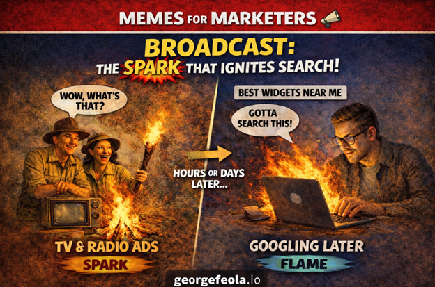 georgefeola's tweet photo. Broadcast doesn’t compete with search — it drives it. TV and radio create the spark, and hours or days later, consumers act by searching online. Awareness starts on-air. Intent finishes in search.
#marketingstrategy #BroadcastMarketing #SearchBehavior https://t.co/J0jfQ54WSG https://t.co/Q5up7HjsGm