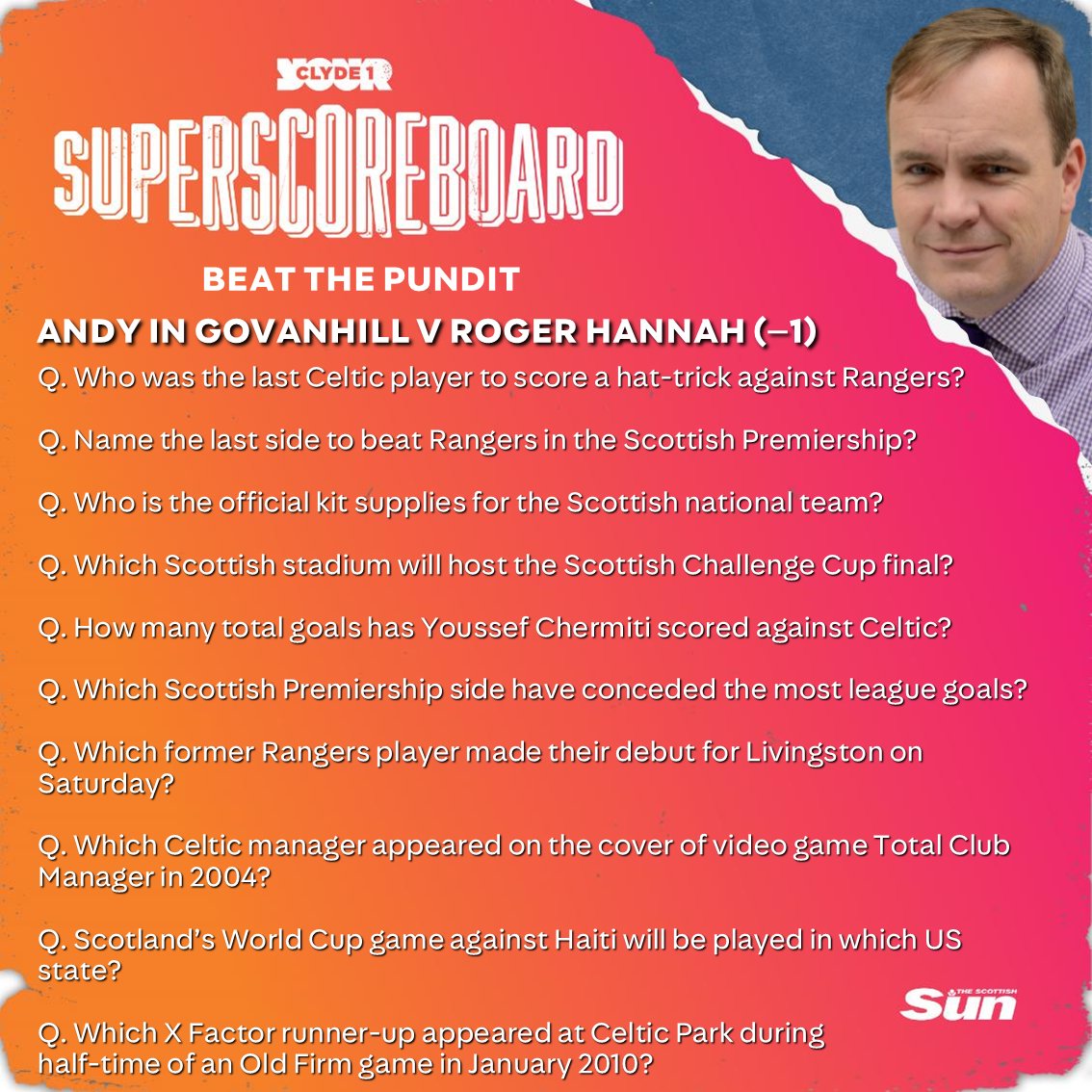 ClydeSSB's tweet photo. 1️⃣3️⃣ correct answers in last night's high-scoring #BeatThePundit – @Hannahnaman earns a 6️⃣–4️⃣ win but @ollymurs stops 🔟-in-a-row! 🏆🚫

Andy: ✅✅✅❌✅❌❌
Roger: ✅✅✅✅✅✅✅✅✅❌

🫵 You can play tonight against Gordon Dalziel or Brian Graham ⚽ 0141 951 1025 before 7pm 🕖 https://t.co/P7g7vqfJJK