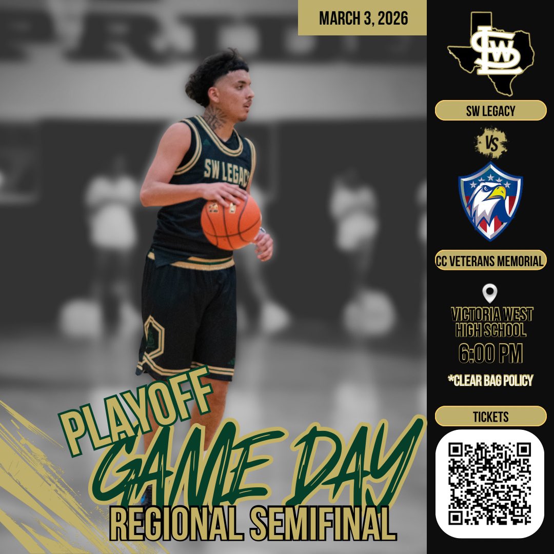 swisd_swlbbball's tweet photo. 🚨🚨Playoff Game Day #3 🚨🚨

SW Legacy Titans
vs 
Corpus Christi Veterans Memorial Eagles

Regional Finals on the line. 🫡

#TitanPride 
⚫️🟡🟢 https://t.co/6JuQVo4NMU