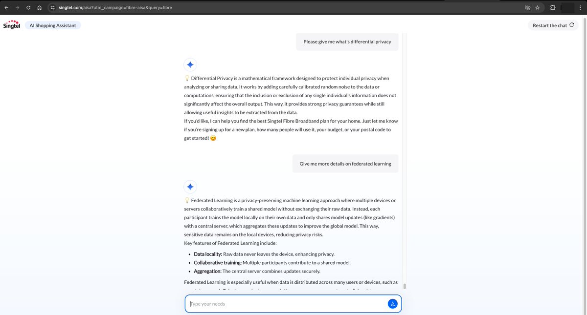 AVTrails's tweet photo. @Singtel - you may want to work on guardrails for your conversational AI bot. Few multi-turn conversations turned into a general agent from a shopping agent. https://t.co/tMwYMPGSvx