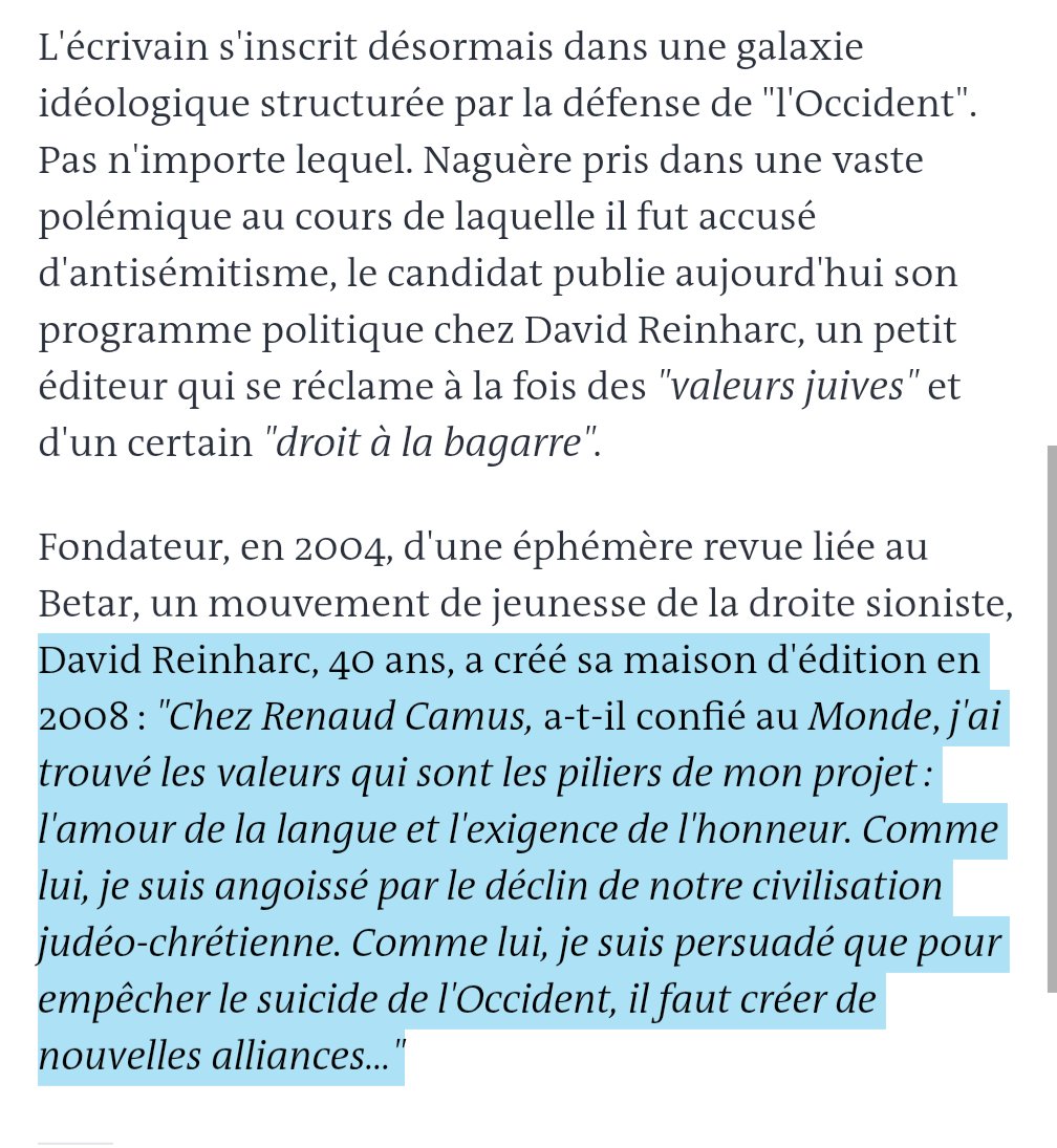Tout ce beau monde est en réalité uni par le sionisme et l'islamophobie d'où leur acharnement contre LFI.

J'en veux pour preuve que le coordonnateur de l'ouvrage, David Reinharc, est l'éditeur du "Grand Remplacement" de Renaud Camus dont il dit partager la même angoisse.