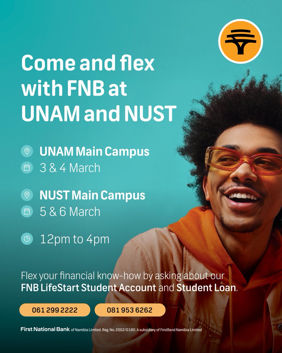 FNBNamibia's tweet photo. We’re at UNAM and NUST this week, so if you’re a student looking to flex with a new account or a big prize, don’t miss out on the fun.
#FNBNamibia #FNBLifeStartStudentFlex https://t.co/49MCHrAxyk