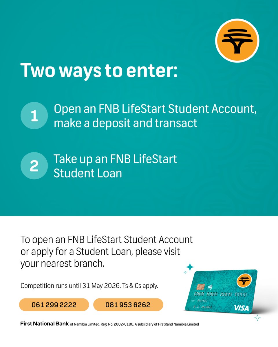 FNBNamibia's tweet photo. We’re at UNAM and NUST this week, so if you’re a student looking to flex with a new account or a big prize, don’t miss out on the fun.
#FNBNamibia #FNBLifeStartStudentFlex https://t.co/49MCHrAxyk