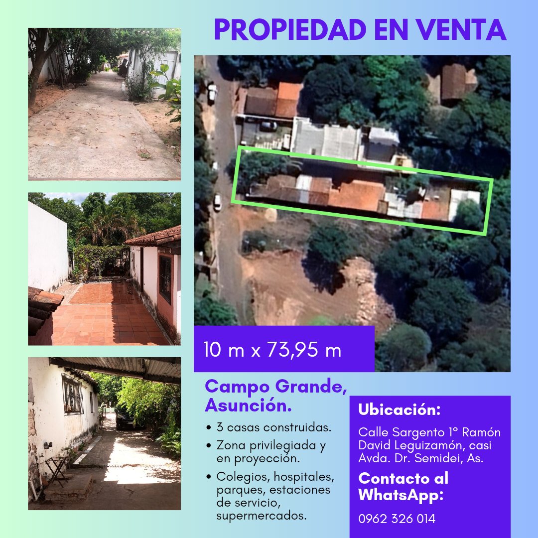🚨 INMUEBLE EN VENTA 🚨
(Con 3 casas y patio trasero extenso)
A una cuadra de la ruta Dr. Semidei - Asunción, Paraguay. (Campo Grande)
*TODOS LOS DOCUMENTOS EN REGLA.

- En importante zona con proyección 🙌🏻
Consultas a través del WhatsApp 0962326014