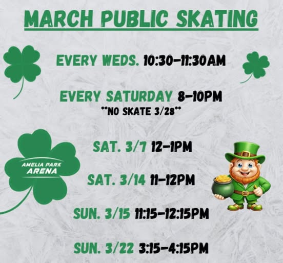 Mark your calendars with our March Public Skating times!🍀