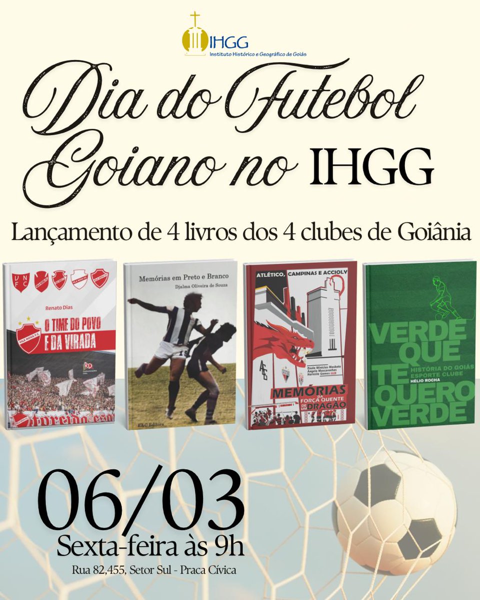 Essa é para além do Clubismo: Nessa 6a feira haverá um lançamento conjunto de Livros com a história de : Atletico, Goiânia, Goiás e Vila.

 Na sede do Instituto Histórico e Geográfico de Goiás. 9h da manhã, na esquina da Praça Civica com av 85.