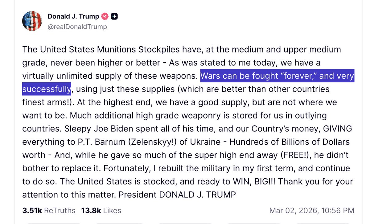 JD VANCE: "There's just no way Trump is gonna about this country to get into a multiyear conflict with no end in sight"

TRUMP HOURS LATER: "Wars can be fought 'forever,' and very successfully"