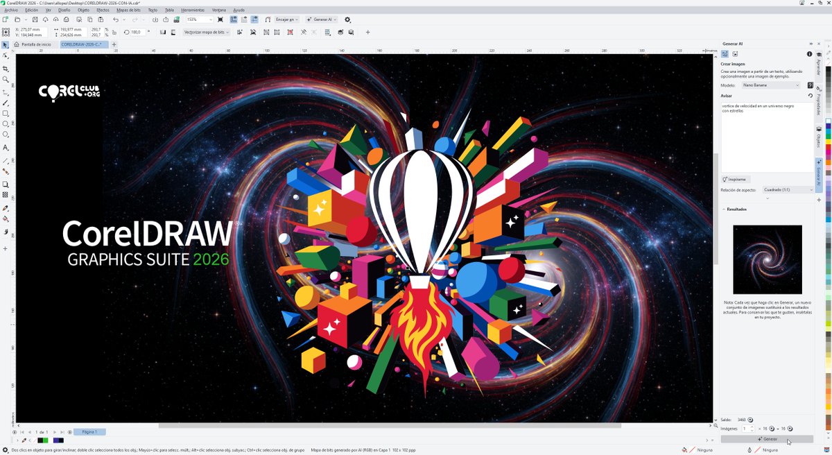 La interfaz de CorelDRAW 2026 con la nueva ventana acoplable Generar AI ✨desde la que podrás generar imágenes con los modelos de imagen (Nano Banana, Flux y Stable Difussion) sin salir de CorelDRAW ! corelclub.org/coreldraw-2026… #coreldraw2026 #InteligenciaArtificial #diseñografico